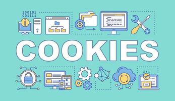 banner de conceptos de palabra de cookies. software de seguimiento de afiliados y referencias. informática, almacenamiento de datos. presentación, sitio web. idea de tipografía de letras aisladas, iconos lineales. ilustración de contorno vectorial vector