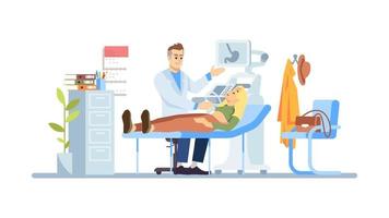 Gastroenterologist examining girl flat vector illustration. Doctor, patient isolated cartoon characters on white background. Abdominal ultrasound. Stomach pain, illness. Medical check, healthcare
