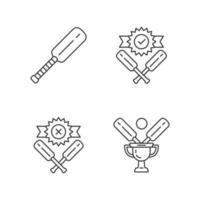 Conjunto de iconos lineales de campeonato de cricket. torneo deportivo. bate, copa de campeón, victoria, derrota. competición de liga. símbolos de contorno de línea fina. ilustraciones de contorno de vector aislado. trazo editable