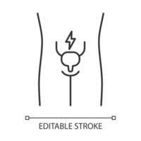 Ill urinary bladder linear icon. Sore human organ. Cystitis. Unhealthy urinary system. Aching urinary tract. Thin line illustration. Contour symbol. Vector isolated outline drawing. Editable stroke
