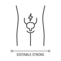 Ill urinary bladder linear icon. Sore human organ. Cystitis. Unhealthy urinary system. Aching urinary tract. Thin line illustration. Contour symbol. Vector isolated outline drawing. Editable stroke