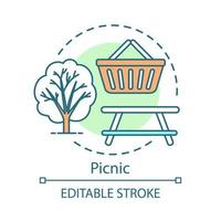 Picnic concept icon. Family activities with kids idea thin line illustration. Meal outdoors. Lunch in nature with brilliant food. Vector isolated outline drawing. Editable stroke