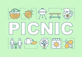 Picnic word concepts banner. Family activities with kids. Barbecue. Meal outdoors. Lunch in nature. Presentation, website. Isolated lettering typography idea, linear icons. Vector outline illustration