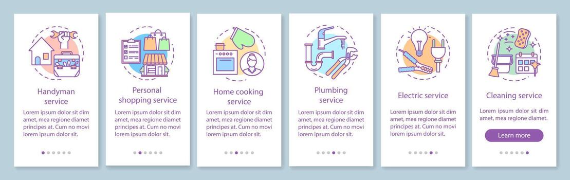 Home services onboarding mobile app page screen with linear concepts. Handyman, cleaning services. Six walkthrough steps graphic instructions. UX, UI, GUI vector template with illustrations