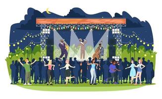 Jazz music festival flat vector illustration. Night retro concert in park. Open air live performance. People having fun at jam session. Rock-n-roll party. Musicians and spectators cartoon characters