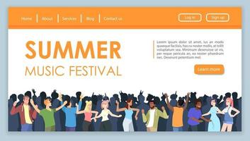 Summer music festival landing page vector template. Pop sound fest website interface idea with flat illustrations. Open air fun homepage layout. Dance party web banner, webpage cartoon concept