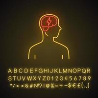 Ill brain neon light icon. Dementia, stroke. Sore human organ. Unhealthy nervous system. Mental health. Glowing sign with alphabet, numbers and symbols. Vector isolated illustration