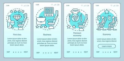 Airline travel class seating turquoise onboarding mobile app page screen vector template. Business class. Walkthrough website steps with linear illustrations. UX, UI, GUI smartphone interface concept