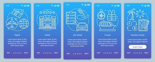 Travel planner onboarding mobile app page screen vector template. Hotel, flight, cruise, vacation rentals. Walkthrough website steps with linear illustrations. UX, UI, GUI smartphone interface concept