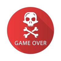 Game over flat design long shadow glyph icon. Virtual video game level finish, failure. Skull with crossbones. Esports, cybersports sign. Computer game fail, loser. Vector silhouette illustration