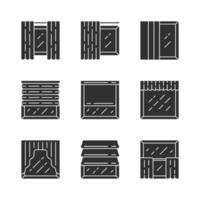 Window shutters glyph icons set. Roller, roman shades, swags, valance. Motorized jalousie. House and office window decoration. Home interior shop. Silhouette symbols. Vector isolated illustration