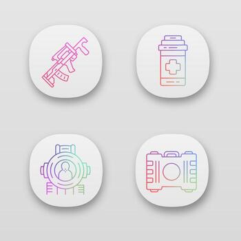 Conjunto de iconos de la aplicación de inventario de juegos en línea. batalla real. equipo de juegos de computadora. arma, analgésico, puntería, contenedor. interfaz de usuario ui ux. aplicaciones web o móviles. ilustraciones vectoriales aisladas vector