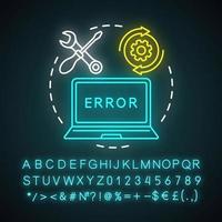 Icono de concepto de luz de neón de reparación de computadoras. servicio a domicilio para idea de dispositivos electrónicos. reinstalar el sistema operativo. reacondicionamiento del portátil. signo brillante con alfabeto, números, símbolos. vector ilustración aislada