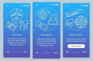 Aircraft flight ticket blue onboarding mobile app page screen vector template. Multi-city trip, travel. Walkthrough website steps with linear illustrations. UX, UI, GUI smartphone interface concept