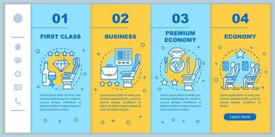 Aircraft travel class seating onboarding mobile web pages vector template. Responsive smartphone website interface idea with linear illustrations. Webpage walkthrough step screens. Color concept