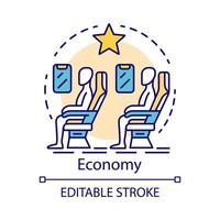 Economy class concept icon. Airplane cabin idea thin line illustration. Passengers sitting at plane salon. Flight in economy low cost class. Vector isolated outline drawing. Editable stroke