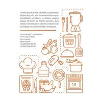 Home cooking service article page vector template. Food, kitchenware. Brochure, magazine, booklet design element with linear icons and text boxes. Print design. Concept illustrations with text space