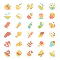 Conjunto de iconos de colores de larga sombra de diseño plano de platos de menú. ensaladas, primera comida, platos principales. hamburguesas, pizza, bebidas, postres. comida rápida, restaurante, cafetería, comida bistró. ilustraciones de silueta de vector
