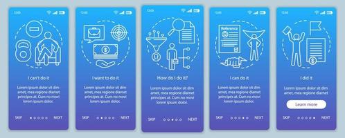 Motivation onboarding mobile app page screen with linear concepts. Goal achieving, problem solving. Getting job. Steps graphic instructions. UX, UI, GUI vector template with illustrations