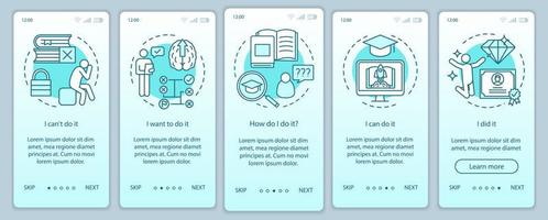 Education motivation onboarding mobile app page screen with linear concepts. Way to success. Careerist, yuppie, workaholic. Steps graphic instructions. UX, UI, GUI vector template with illustrations