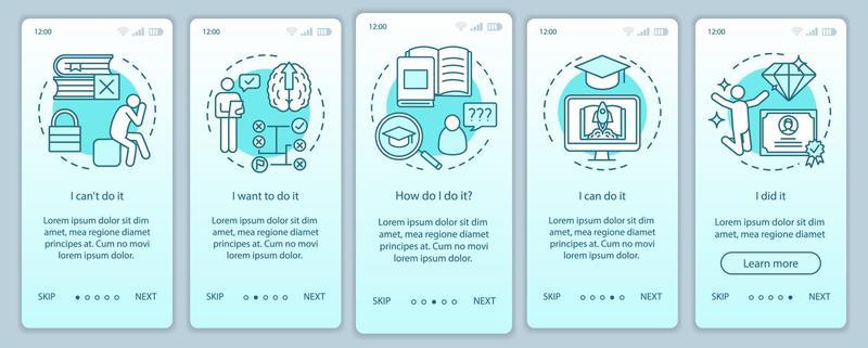 Education motivation onboarding mobile app page screen with linear concepts. Way to success. Careerist, yuppie, workaholic. Steps graphic instructions. UX, UI, GUI vector template with illustrations
