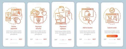 Pantalla de la página de la aplicación móvil de incorporación de compras en línea con conceptos lineales. compra digital. mercadeo por Internet. comercio electrónico. pasos instrucciones gráficas. ux, ui, plantilla de vector de interfaz gráfica de usuario con ilustraciones