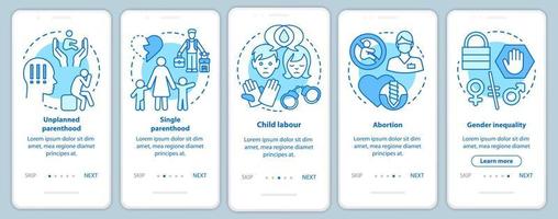 Social issues onboarding mobile app page screen with linear concepts. Single parenthood, child labour, abortion, gender inequality walkthrough graphic instructions. UX, UI, GUI template with icons vector