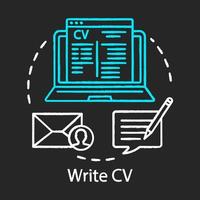 escribir icono de tiza de concepto de cv. currículum vitae idea. envío de solicitud de empleo y curriculum vitae. registrarse, registrarse. vector ilustración de pizarra aislada