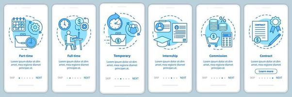 tipos de trabajos pantalla de página de aplicación móvil de incorporación azul con conceptos lineales. instrucciones gráficas de los pasos de la pasantía, temporal, a tiempo parcial. ux, ui, plantilla de vector de interfaz gráfica de usuario con ilustraciones