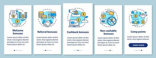 bonificaciones de casino incorporando la pantalla de la página de la aplicación móvil con conceptos lineales. juego. puntos de bonificación, devolución de efectivo, recomendación, bonificaciones de bienvenida. instrucciones gráficas de los pasos del tutorial. ux, ui, plantilla de vector de interfaz gráfica de usuario