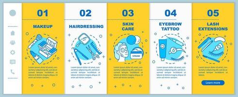 Beauty salon procedures onboarding mobile web pages vector template. Responsive smartphone website interface idea with linear illustrations. Webpage walkthrough step screens. Color concept