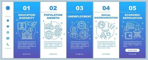 Social problems onboarding mobile web pages vector template. Unemployment, economic deprivation, population growth. Responsive smartphone website interface idea Webpage walkthrough step screens