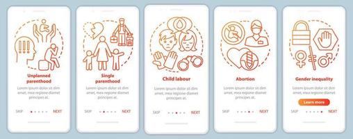 Social issues onboarding mobile app page screen with linear concepts. Single parenthood, child labour, abortion, gender inequality walkthrough graphic instructions. UX, UI, GUI template with icons vector