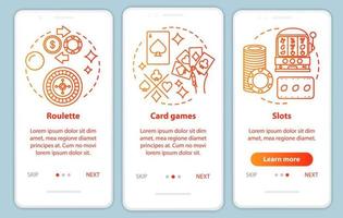 Juegos de casino que incorporan la pantalla de la página de la aplicación móvil con conceptos lineales. ruleta, juegos de cartas, tragamonedas paso a paso instrucciones gráficas. juego. ux, ui, plantilla de vector de interfaz gráfica de usuario con ilustraciones