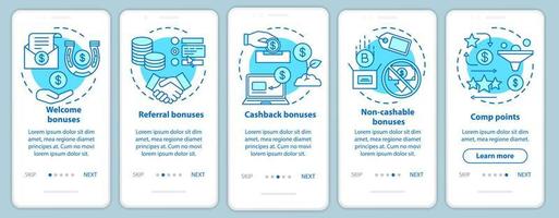 bonificaciones de casino incorporando la pantalla de la página de la aplicación móvil con conceptos lineales. juego. puntos de bonificación, devolución de efectivo, recomendación, bonificaciones de bienvenida. instrucciones gráficas de los pasos del tutorial. ux, ui, plantilla de vector de interfaz gráfica de usuario