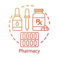 Pharmacy concept icon. Pharmacological products. Medicine, drugs in tablets, drops, capsules. Treatment plan. Drugstore idea thin line illustration. Vector isolated outline drawing. Editable stroke