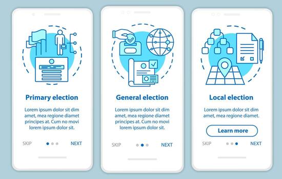 Elections onboarding mobile app page screen with linear concepts. Electing local, general political figures. Three walkthrough steps graphic instructions. UX, UI, GUI vector template with illustration