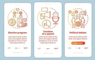 Elections onboarding mobile app page screen vector template. Election program, political debate. Walkthrough website steps with linear illustrations. UX, UI, GUI smartphone interface concept