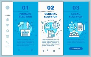 plantilla de vector de páginas web móviles de incorporación del día de las elecciones. figuras políticas idea de interfaz de sitio web de teléfono inteligente receptivo con ilustraciones lineales. pantallas de pasos del tutorial de la página web. concepto de color