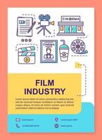 Film industry poster template layout. Cinematography, video production. Banner, booklet, leaflet print design with linear icons. Vector brochure page layouts for magazines, advertising flyers