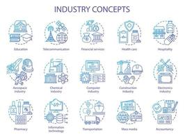 Industry concept icons set. Technology development. Manufacturing, provide service, research and development idea thin line illustrations. Vector isolated outline drawings. Editable stroke