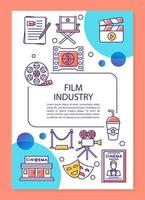 Film industry poster template layout. Cinematography, video production. Banner, booklet, leaflet print design with linear icons. Vector brochure page layouts for magazines, advertising flyers