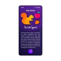 historias cortas para plantilla de vector de interfaz de teléfono inteligente para niños. diseño violeta de la página de la aplicación móvil. pantalla de cuento de hadas. interfaz de usuario plana para la aplicación. lectura para niños en edad preescolar, pantalla de teléfono para niños