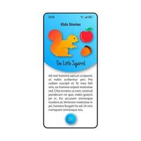 Kids stories smartphone interface vector template. Mobile app page blue and white design layout. Children reader screen. Flat UI for application. Fairy tales about animals phone display