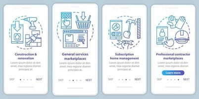 Online marketplaces onboarding mobile app page screen vector template. E commerce, customer services walkthrough website steps with linear illustrations. UX, UI, GUI smartphone interface concept