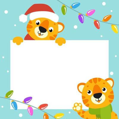 Gift color greeting card. Tiger simbol in a santa hat. Cute cartoon character. Happy New Year and Merry Christmas. Animal holding white blank poster. Flat style. Vector illustration.
