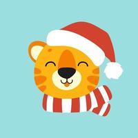 Tiger simbol in a santa hat. Cartoon character. Colorful vector illustration. Isolated on color background. Design element. Template for your design, books, stickers, cards.