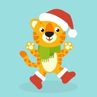 Tiger simbol in a santa hat. Cartoon character. Colorful vector illustration. Isolated on color background. Design element. Template for your design, books, stickers, cards.