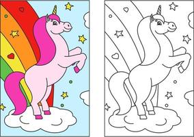 libro para colorear para niños. el unicornio mágico se encabritó. el animal caballo se para sobre sus patas traseras. estilo de dibujos animados. Ilustración de vector plano simple.