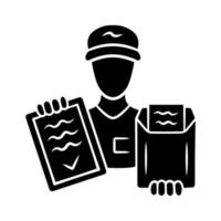 Document delivery glyph icon. Express courier service. Postman, deliveryman holding clipboard with invoice. Parcel, package delivering. Fast shipping. Silhouette symbol. Vector isolated illustration